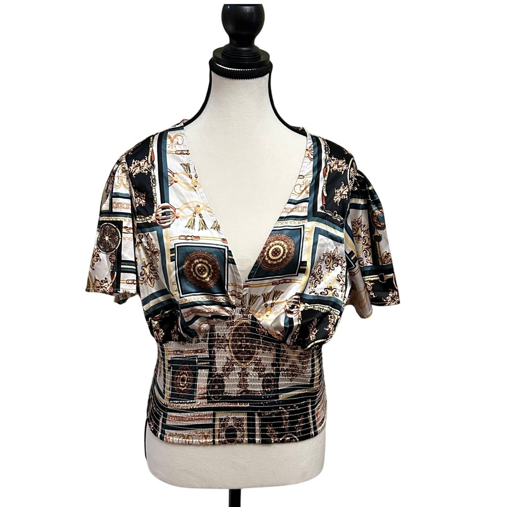 Guess Los Angeles Women's XL Baroque Print Blouse Smocked Waist V-Neck Top
